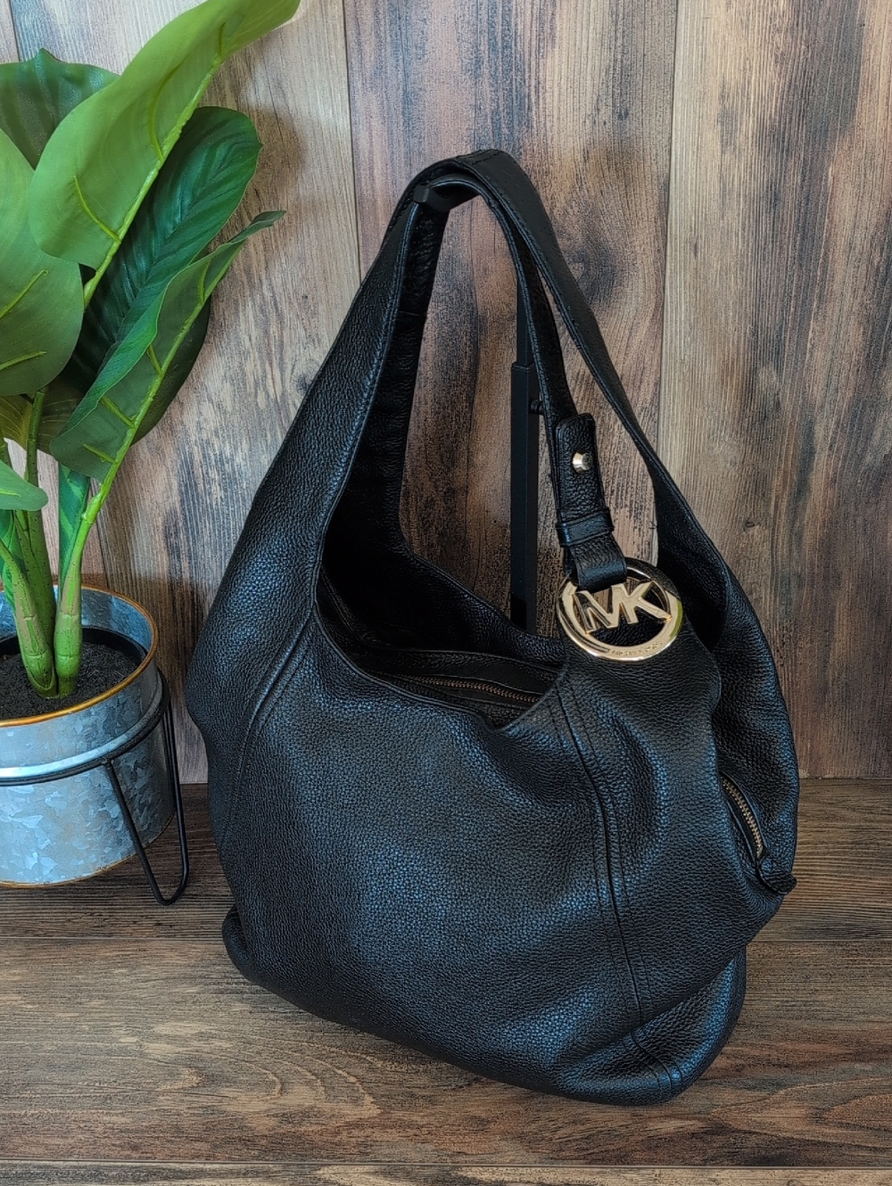 Michael Kors Black Pebbled Leather Fulton Large Shoulder Hobo Bag        M350
